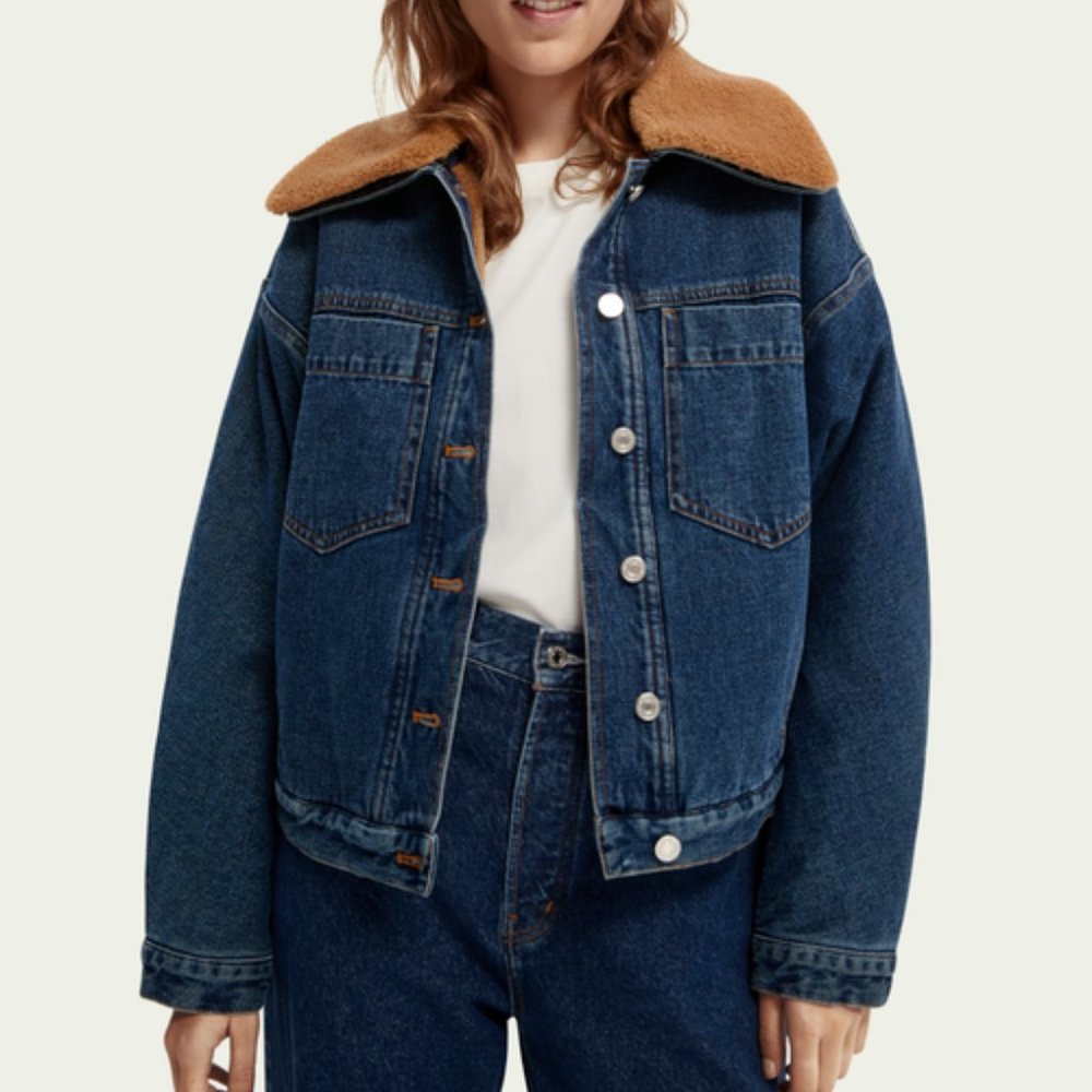 BRAND NEW Scotch & Soda Denim Teddy Lined Aviator Jacket–Sz Small